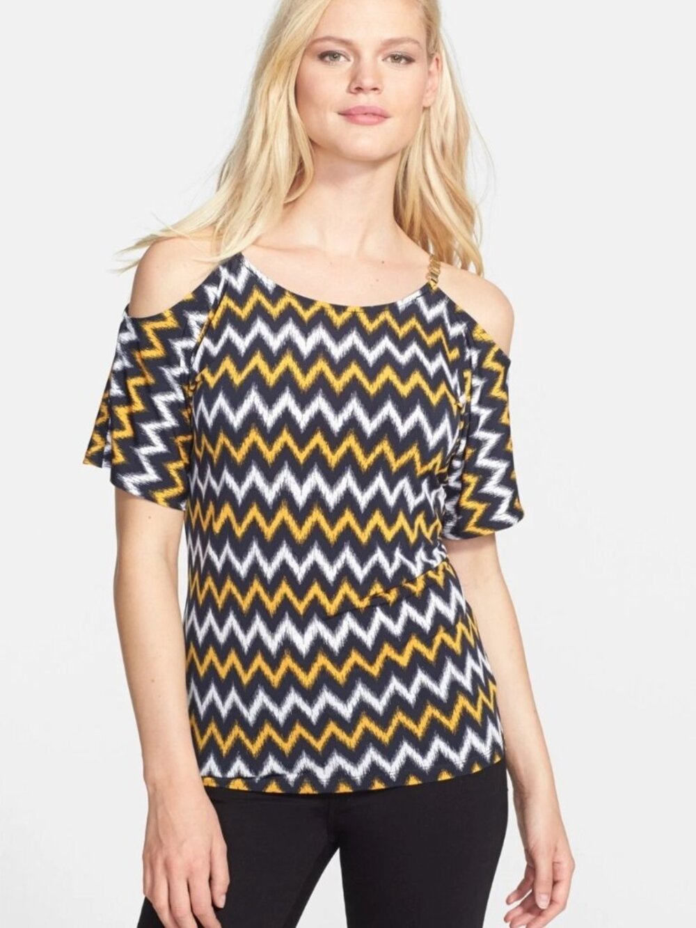 MICHAEL KORS Ikat Pattern Chain-Strap-Cold-Shoulder-Blouse ( MEDIUM ) NWT $89.50